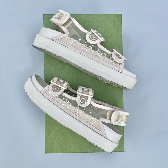 Gucci Nude Crystal Mesh Double Strap Sandals Size 38 EU - Picture 12 of 14